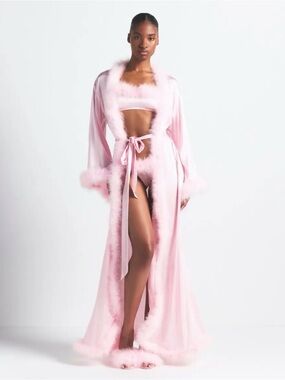 SKIMS Silk Feather Trim Long Robe – Cherry Blossom – Size Large -New